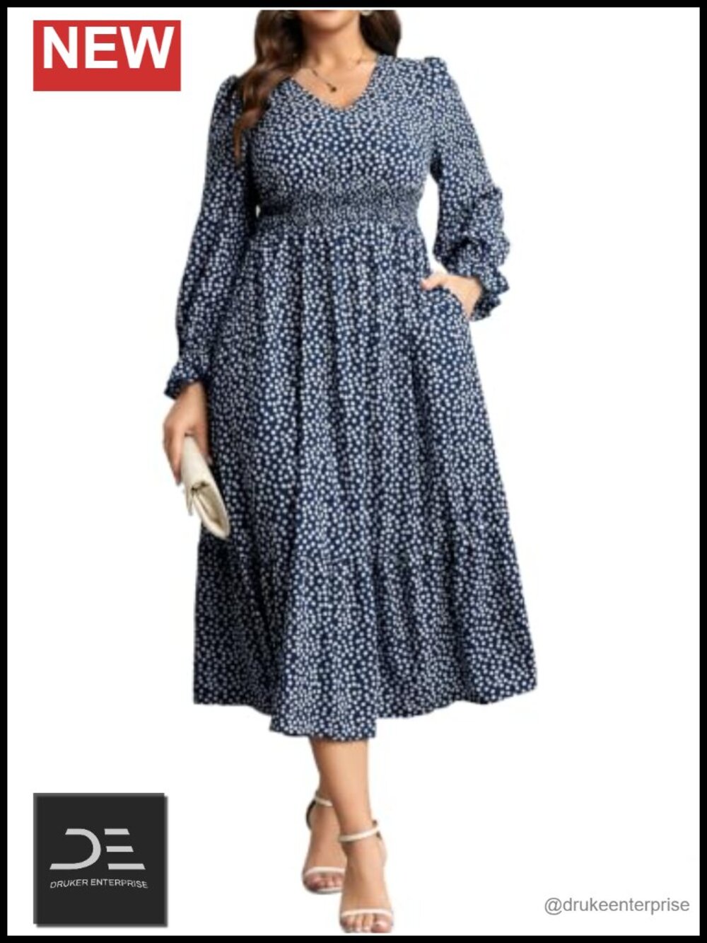 Plus Size Boho Floral Maxi Dress V-Neck Long Sleeve A-Line Wedding Guest